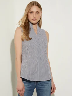 Outlet Pinstripe Sleeveless Stretch Cotton Blouse, Blouses & Shirts|Tops & Tees