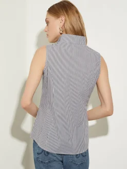 Outlet Pinstripe Sleeveless Stretch Cotton Blouse, Blouses & Shirts|Tops & Tees