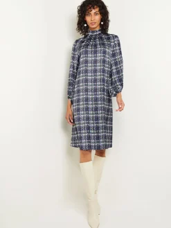 Fashion Pleated Mock Neck Crepe de Chine Printed A-Line Dress Dresses