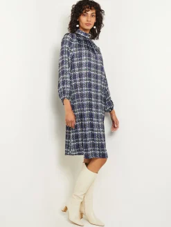 Fashion Pleated Mock Neck Crepe de Chine Printed A-Line Dress Dresses