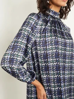 Fashion Pleated Mock Neck Crepe de Chine Printed A-Line Dress Dresses