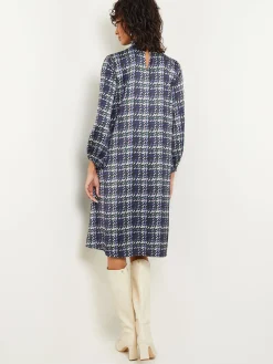 Fashion Pleated Mock Neck Crepe de Chine Printed A-Line Dress Dresses
