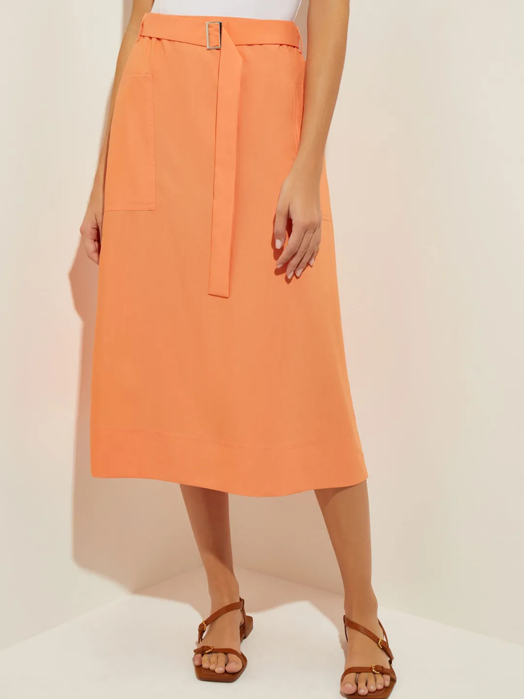 Fashion Pocketed Poplin A-Line Midi Skirt Skirts