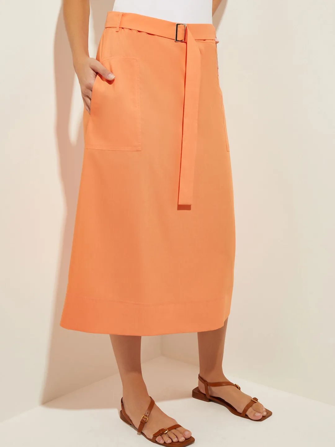 Fashion Pocketed Poplin A-Line Midi Skirt Skirts