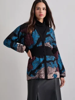 Discount Relaxed Fit Abstract Inset Waist Jacquard Knit Cardigan Jackets & Coats