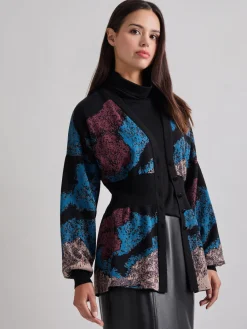 Discount Relaxed Fit Abstract Inset Waist Jacquard Knit Cardigan Jackets & Coats