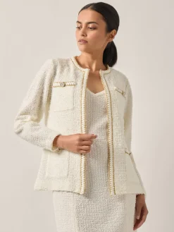 Fashion Relaxed Fit Boucle Lurex Crochet Trim Knit Jacket Jackets & Coats