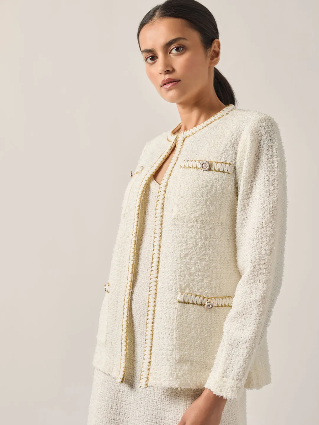Fashion Relaxed Fit Boucle Lurex Crochet Trim Knit Jacket Jackets & Coats