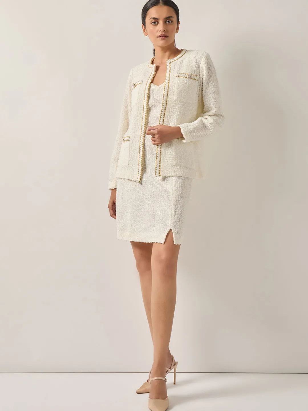 Fashion Relaxed Fit Boucle Lurex Crochet Trim Knit Jacket Jackets & Coats
