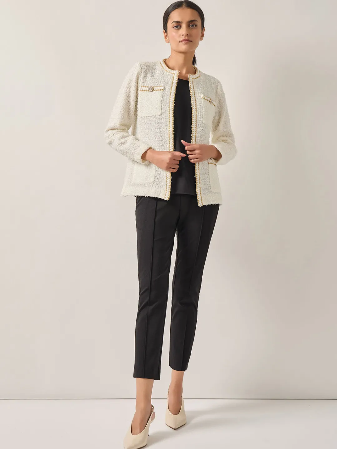 Fashion Relaxed Fit Boucle Lurex Crochet Trim Knit Jacket Jackets & Coats