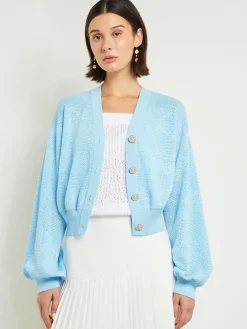 Fashion Relaxed Fit Button Front Jacket - Balloon Sleeve Soft Burnout Knit Jackets & Coats