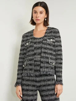 Fashion Rhinestone Accent Fringe Tweed Knit Jacket Jackets & Coats
