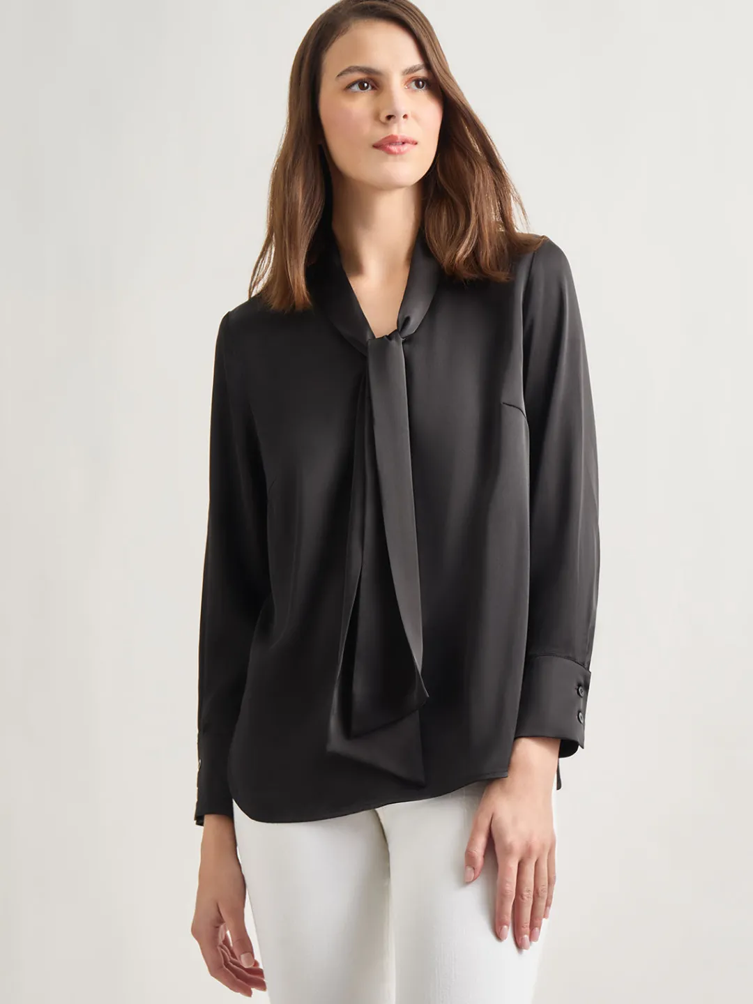 Discount Solid Tie Neck Crepe de Chine Blouse Blouses & Shirts|Tops & Tees