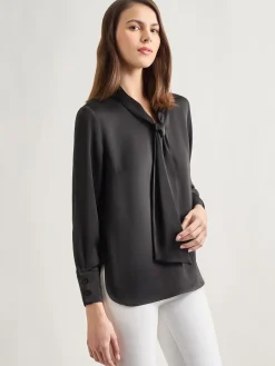 Discount Solid Tie Neck Crepe de Chine Blouse Blouses & Shirts|Tops & Tees