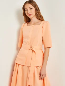 Discount Square Neck Button Front Blouse - Belted Faux Cupro Silk Blouses & Shirts|Tops & Tees