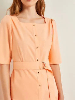 Discount Square Neck Button Front Blouse - Belted Faux Cupro Silk Blouses & Shirts|Tops & Tees