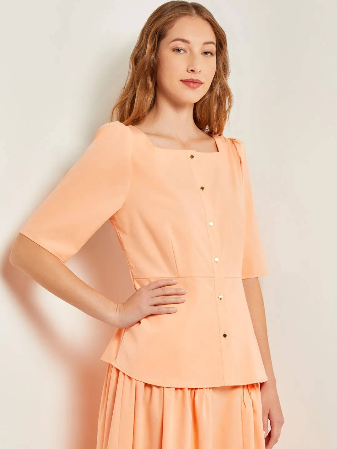 Discount Square Neck Button Front Blouse - Belted Faux Cupro Silk Blouses & Shirts|Tops & Tees