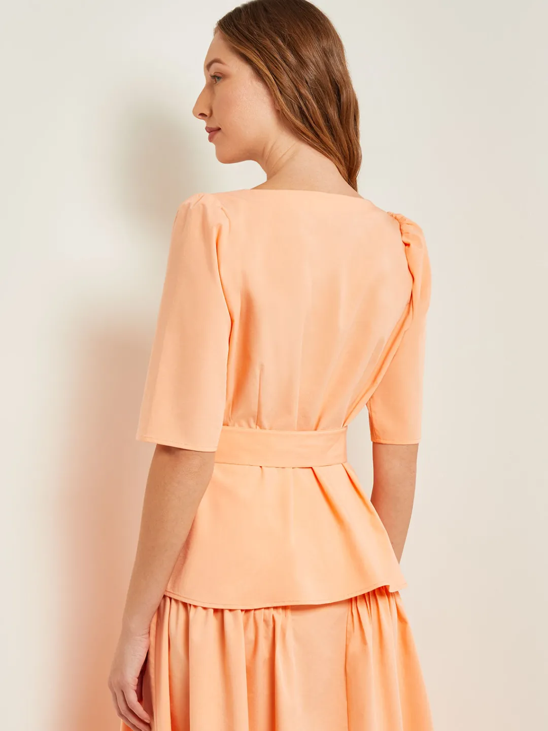 Discount Square Neck Button Front Blouse - Belted Faux Cupro Silk Blouses & Shirts|Tops & Tees
