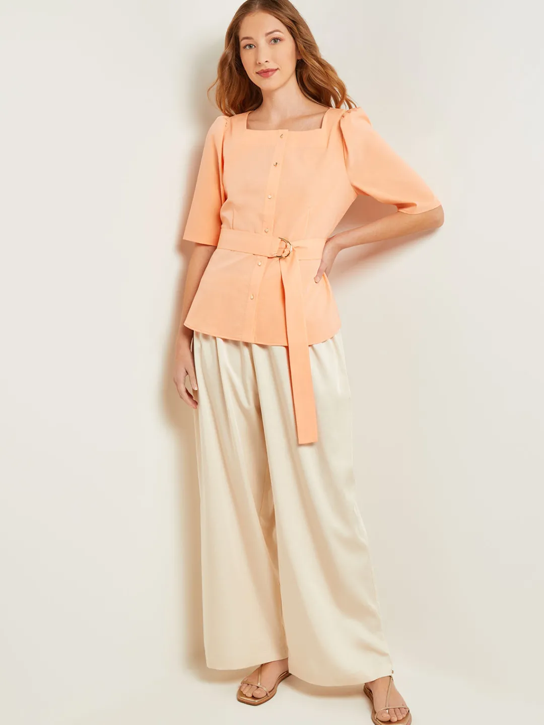 Discount Square Neck Button Front Blouse - Belted Faux Cupro Silk Blouses & Shirts|Tops & Tees