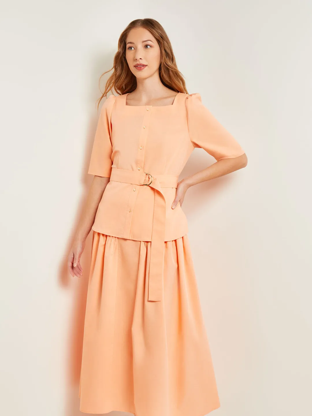 Discount Square Neck Button Front Blouse - Belted Faux Cupro Silk Blouses & Shirts|Tops & Tees