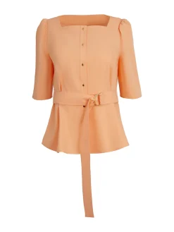 Discount Square Neck Button Front Blouse - Belted Faux Cupro Silk Blouses & Shirts|Tops & Tees