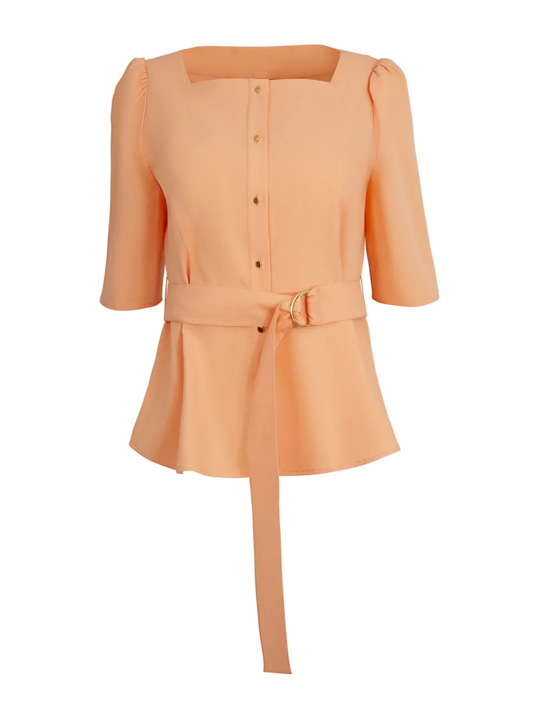 Discount Square Neck Button Front Blouse - Belted Faux Cupro Silk Blouses & Shirts|Tops & Tees