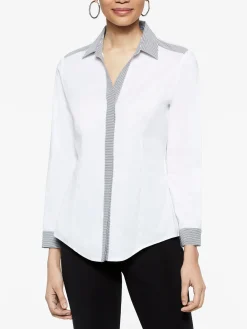 Fashion Stripe Trim Stretch Cotton Button-Up Shirt Blouses & Shirts|Tops & Tees