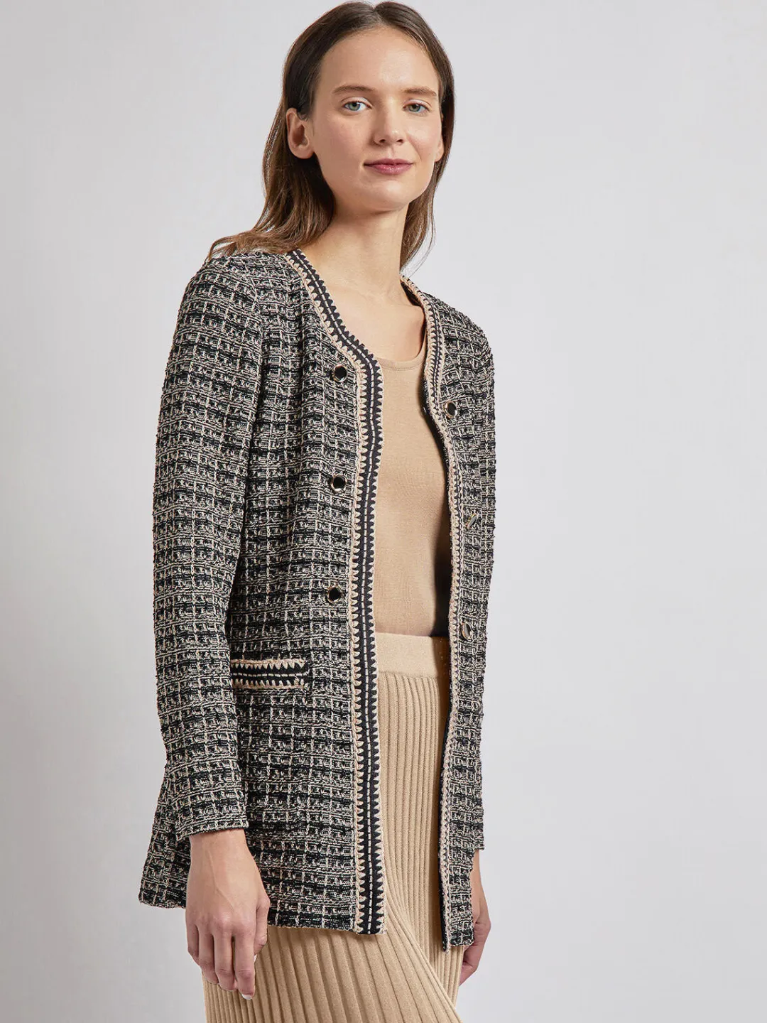 Clearance Tailored Fit Contrast Trim Tweed Knit Jacket Jackets & Coats