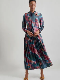 Sale Tie Neck Pleated A-Line Maxi Dress Dresses