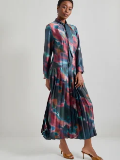 Sale Tie Neck Pleated A-Line Maxi Dress Dresses