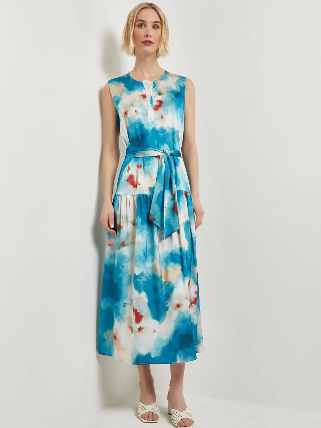 Clearance Watercolor Removable Shawl Collar Crepe Maxi Dress Dresses