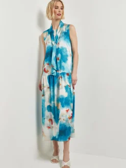 Clearance Watercolor Removable Shawl Collar Crepe Maxi Dress Dresses