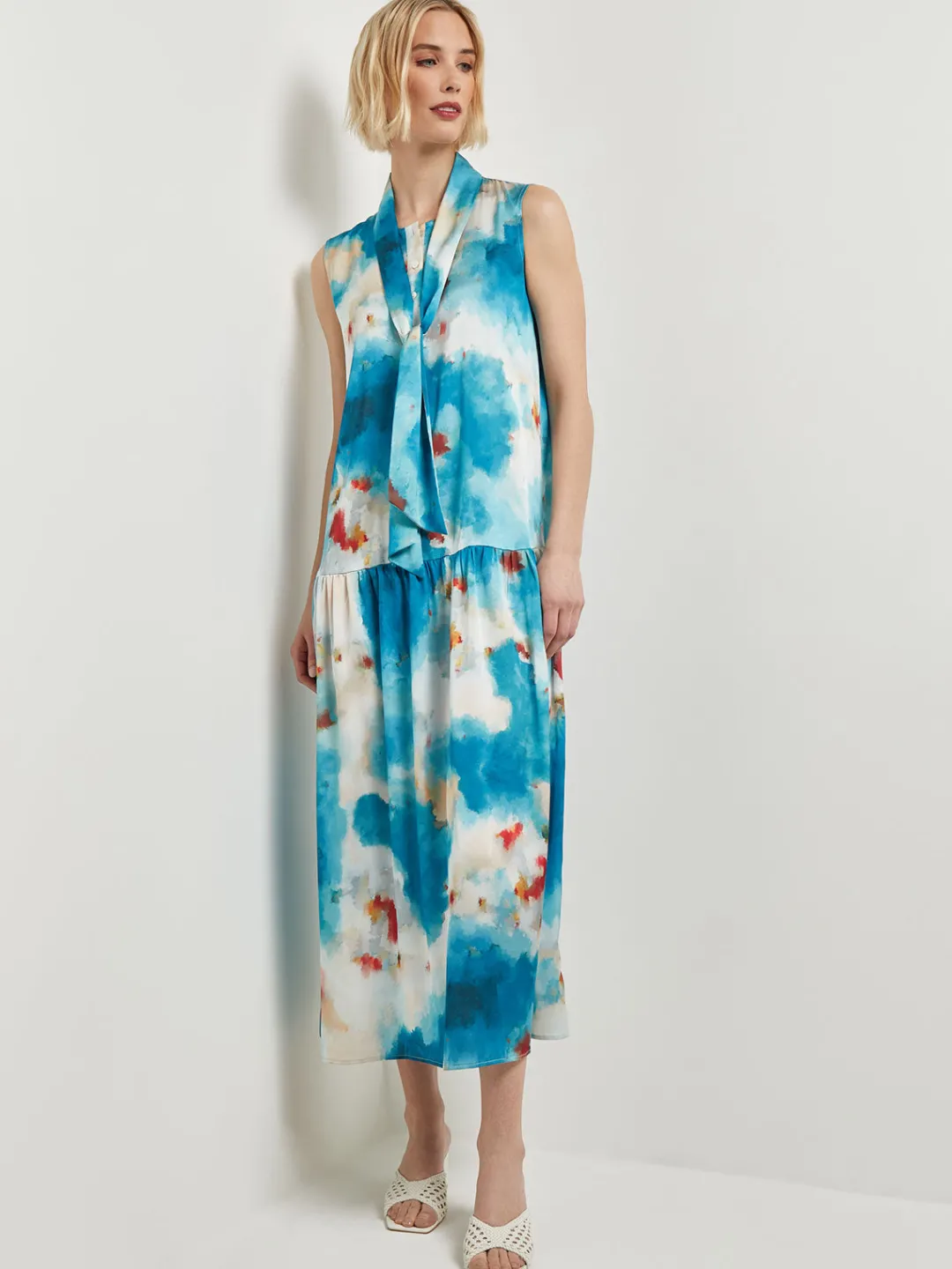Clearance Watercolor Removable Shawl Collar Crepe Maxi Dress Dresses
