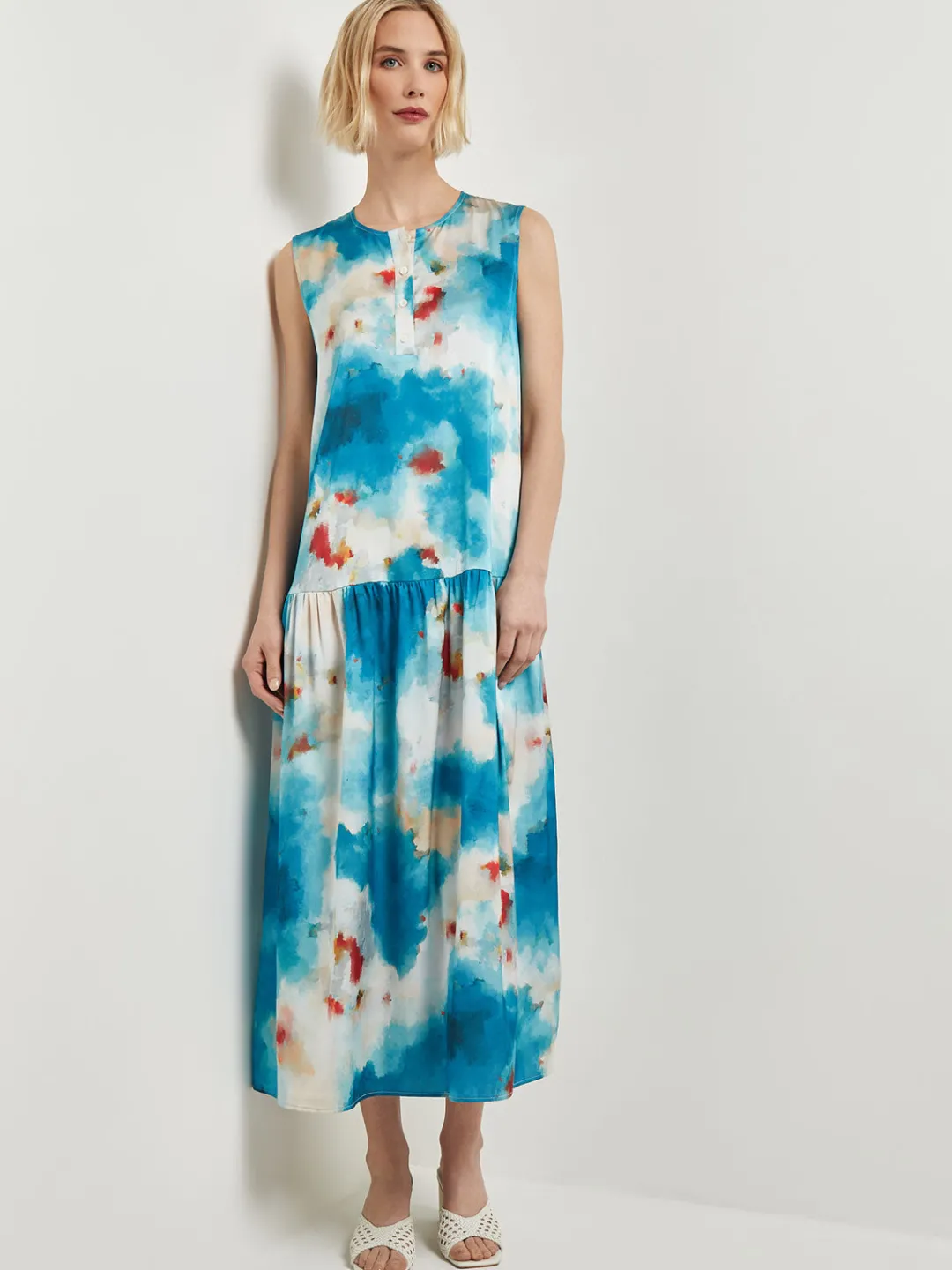 Clearance Watercolor Removable Shawl Collar Crepe Maxi Dress Dresses