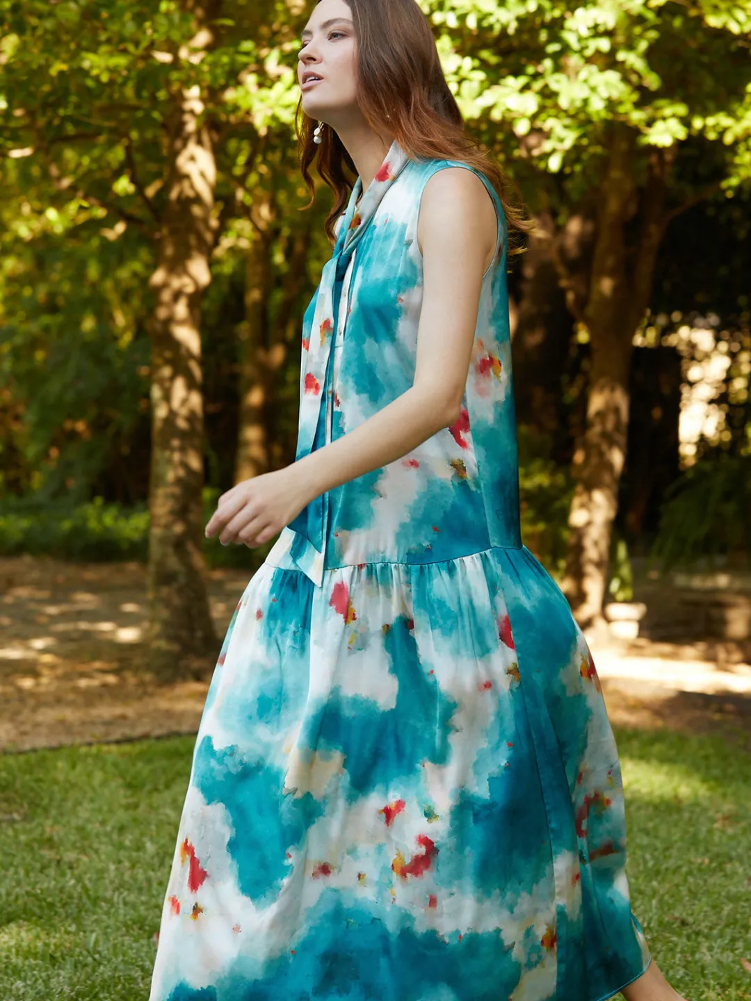 Clearance Watercolor Removable Shawl Collar Crepe Maxi Dress Dresses
