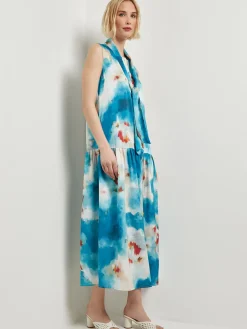 Clearance Watercolor Removable Shawl Collar Crepe Maxi Dress Dresses
