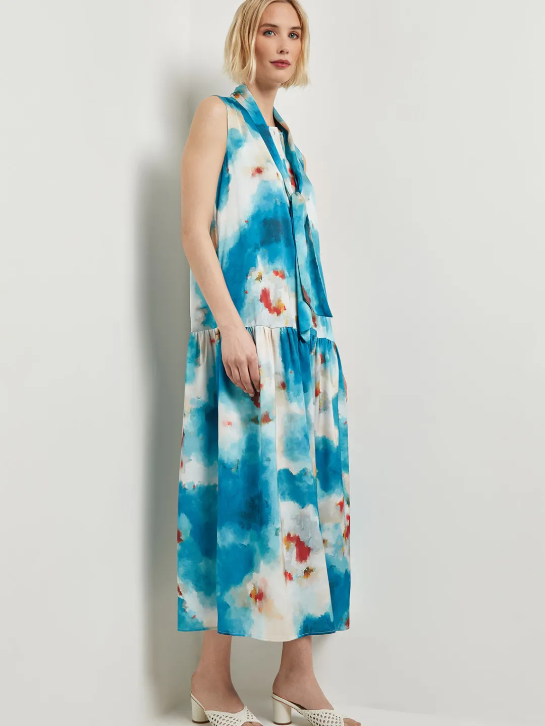 Clearance Watercolor Removable Shawl Collar Crepe Maxi Dress Dresses